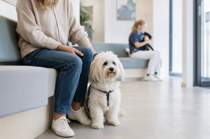 Ein Coton de Tulear sitzt ruhig neben seinem Besitzer im hellen Wartezimmer einer modernen Tierarztpraxis.